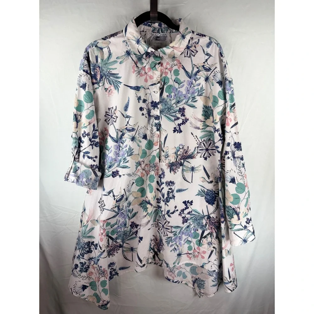 Cupio Womens XL Dragonfly‎ Butterfly Floral Print Button Up Tunic Shirt Top